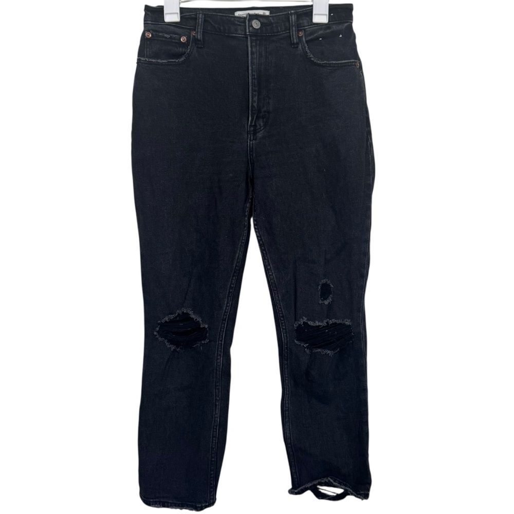 Abercrombie and Fitch Curve Love Black Distressed Ankle Straight High Rise Jeans